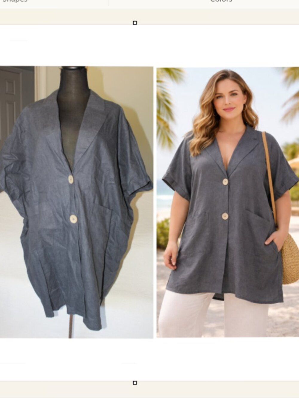 Welalika 100% Hemp Tunic Top Buttons Front Plus Size 3X V neck Short Sleeves